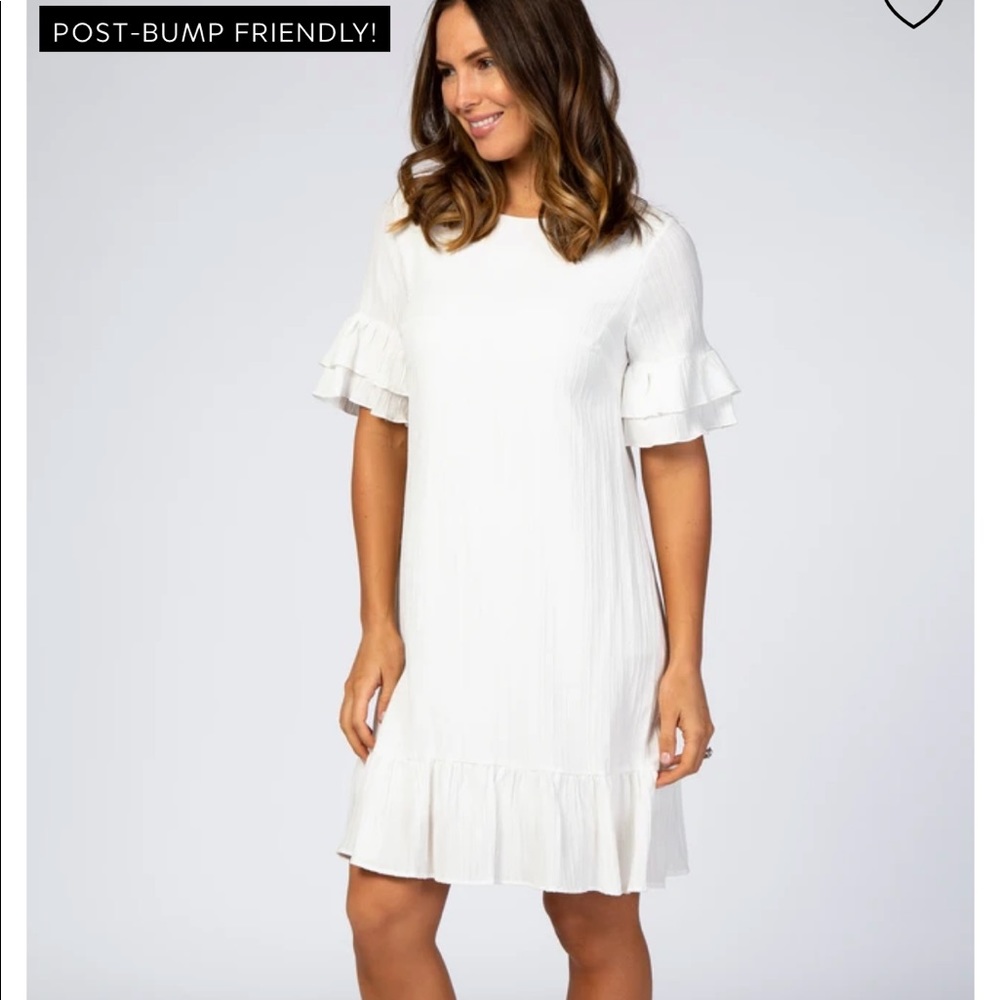 White Textured Stripe Ruffle Trim Maternity Dress